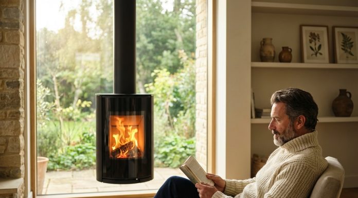 Les avantages indéniables des poêles à bois suspendus Homme d'âge moyen dans un salon cosy lisant un livre