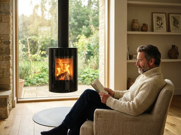 homme-living-room-livre Homme d'âge moyen dans un salon cosy lisant un livre