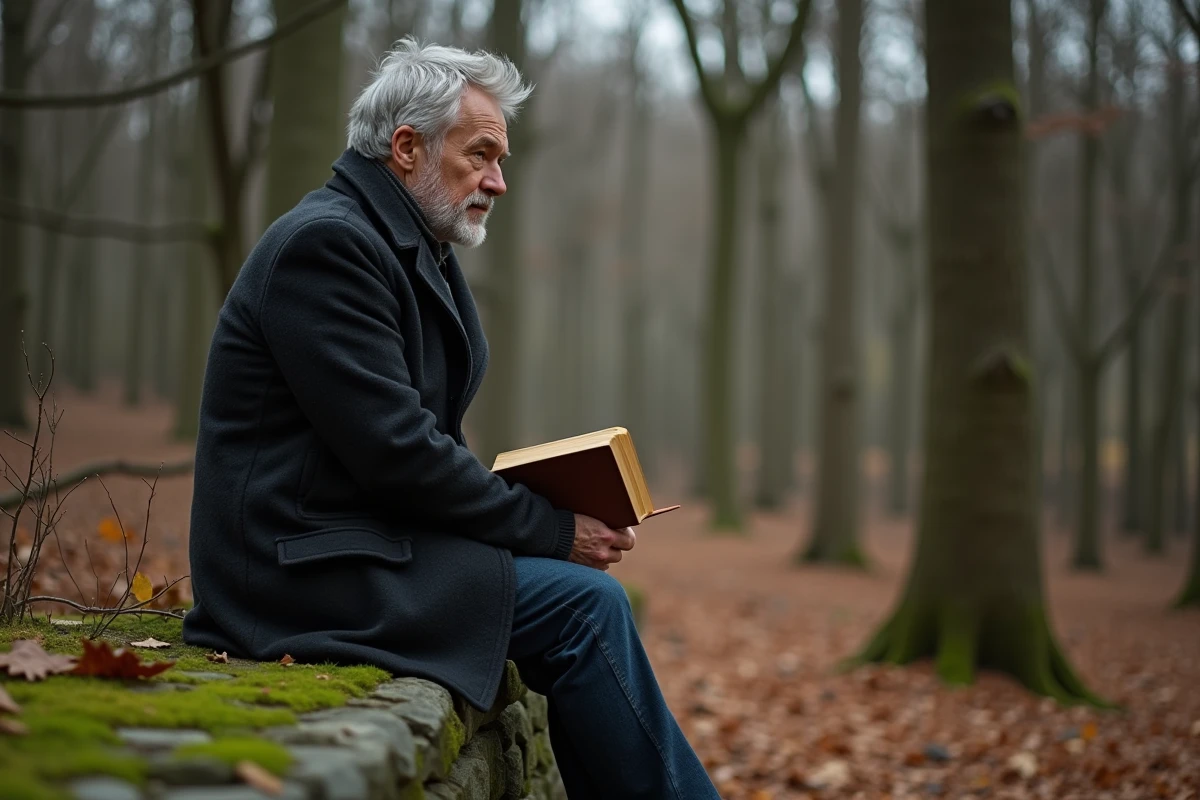 Homme méditatif assis sur un muret de pierre en forêt automnale, lisant un livre de philosophie en pleine nature à la manière d'Emerson