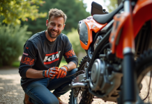 Comment entretenir sa moto-cross 50cc pour adulte : guide exhaustif Homme en motocross nettoyant la chaine de son bike