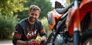 Comment entretenir sa moto-cross 50cc pour adulte : guide exhaustif Homme en motocross nettoyant la chaine de son bike