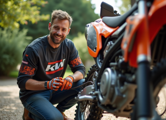 Homme en motocross nettoyant la chaine de son bike