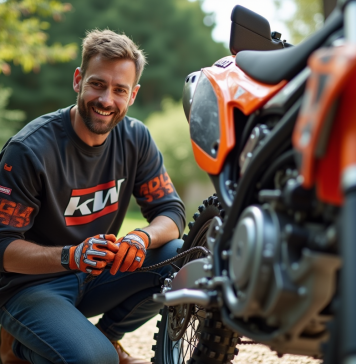 Homme en motocross nettoyant la chaine de son bike
