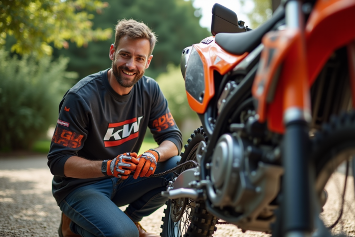 homme-nettoyage-chaine-motocross Homme en motocross nettoyant la chaine de son bike