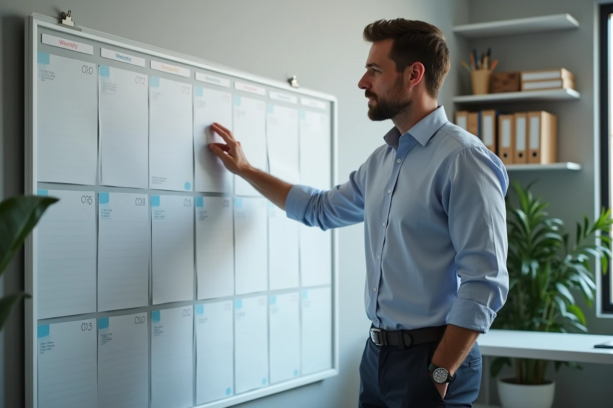 Homme d affaires vérifiant un planning mural dans un bureau moderne