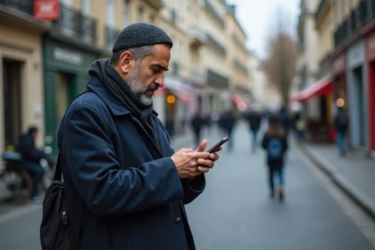 Homme maghrebin vérifiant l'heure de prière dans la rue à Paris