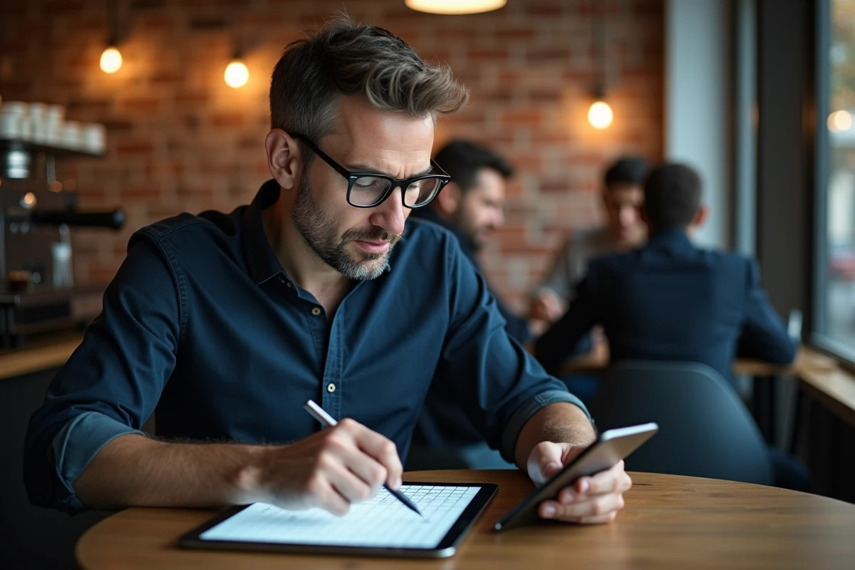Homme avec lunettes résolvant un puzzle de logique sur tablette dans un café urbain