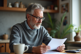 Homme d'âge moyen examinant des documents de pension à la maison