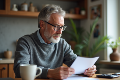 Homme d'âge moyen examinant des documents de pension à la maison