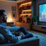 Zoom sur le vidéoprojecteur Epson Full HD : performance, qualité d’image et utilisation optimale Homme d'âge moyen dans un salon moderne regardant un projecteur