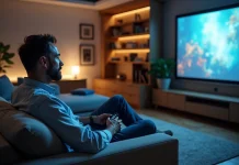 Zoom sur le vidéoprojecteur Epson Full HD : performance, qualité d’image et utilisation optimale Homme d'âge moyen dans un salon moderne regardant un projecteur