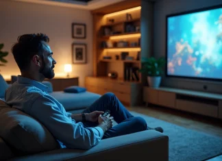 Zoom sur le vidéoprojecteur Epson Full HD : performance, qualité d’image et utilisation optimale Homme d'âge moyen dans un salon moderne regardant un projecteur