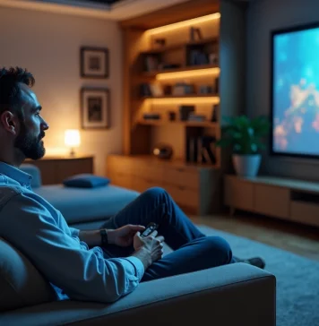 Homme d'âge moyen dans un salon moderne regardant un projecteur