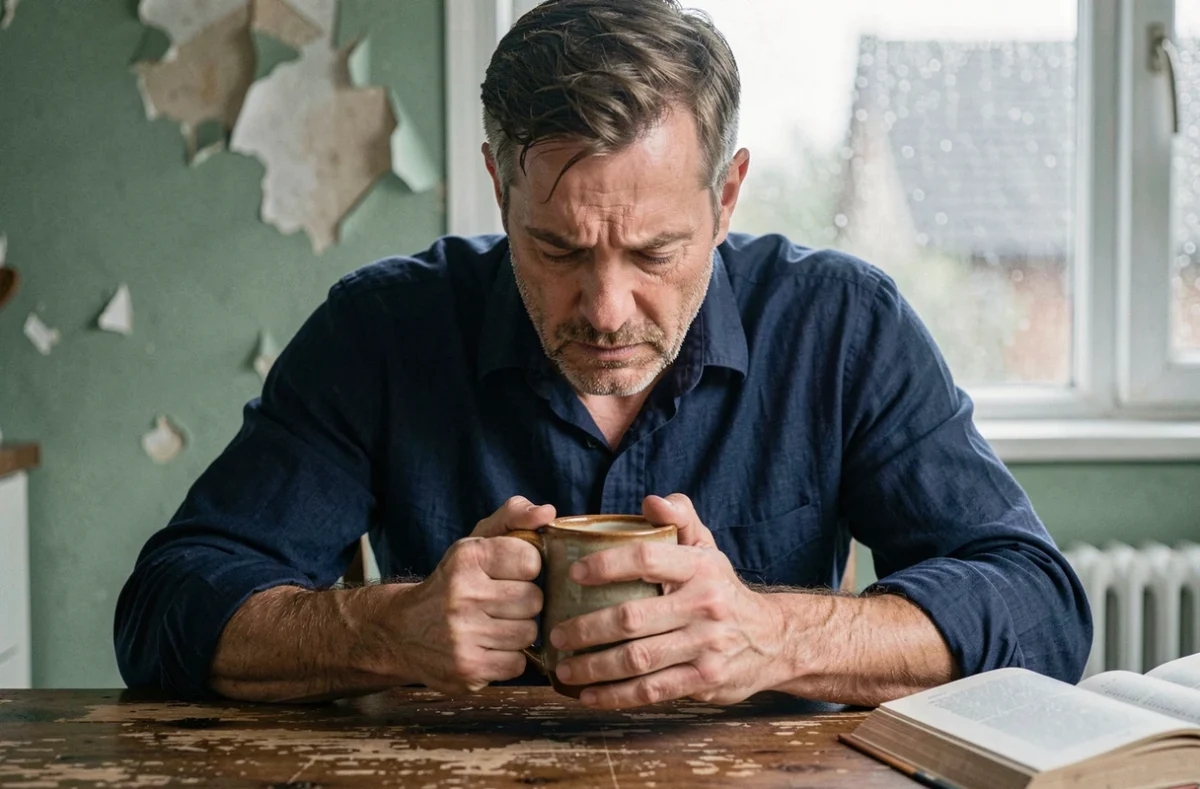 Homme d'âge moyen assis seul dans une cuisine, les mains autour d'une tasse, dans une posture de tristesse et de recueillement