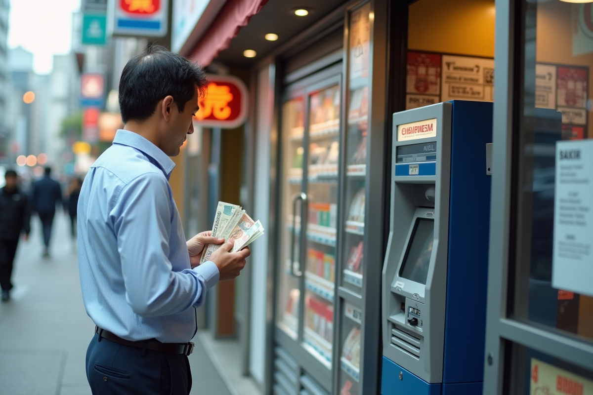Homme comptant des yen dans une rue animée au Japon