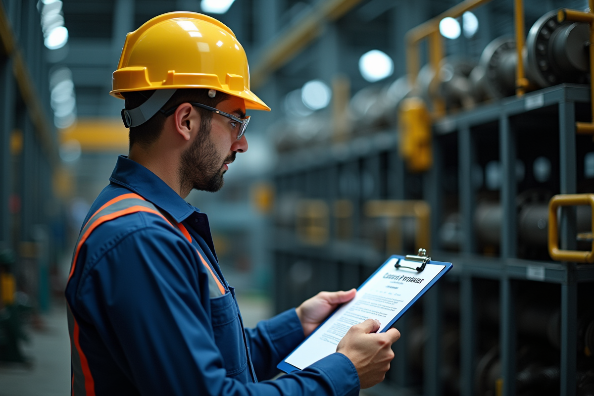 Ingénieur en casque inspectant un équipement industriel