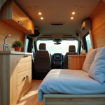 Intérieur arrière d'un van Peugeot Expert aménagé avec kitchenette et lit