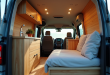 Intérieur arrière d'un van Peugeot Expert aménagé avec kitchenette et lit
