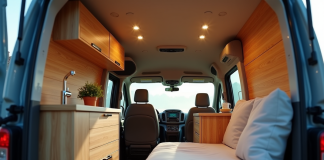 Intérieur arrière d'un van Peugeot Expert aménagé avec kitchenette et lit