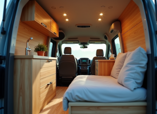 Intérieur arrière d'un van Peugeot Expert aménagé avec kitchenette et lit