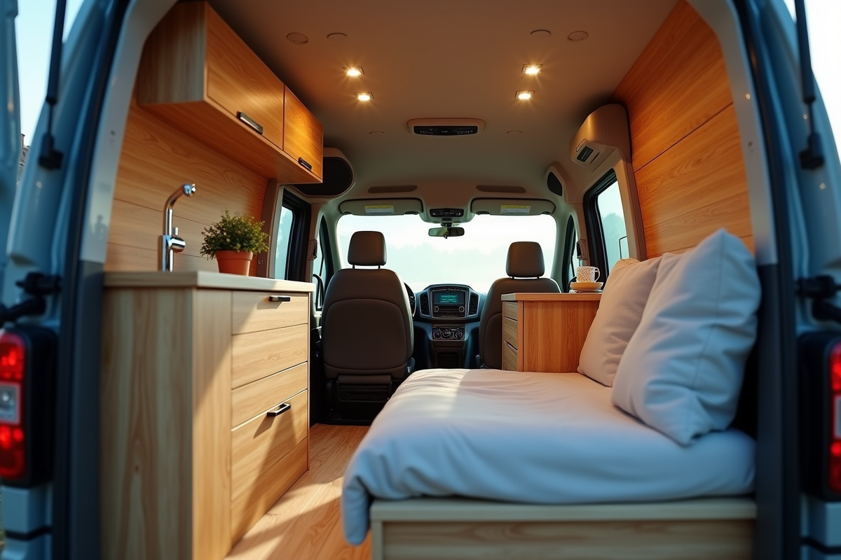 Intérieur arrière d'un van Peugeot Expert aménagé avec kitchenette et lit