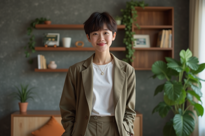 Jeune adulte en blazer dans un intérieur moderne