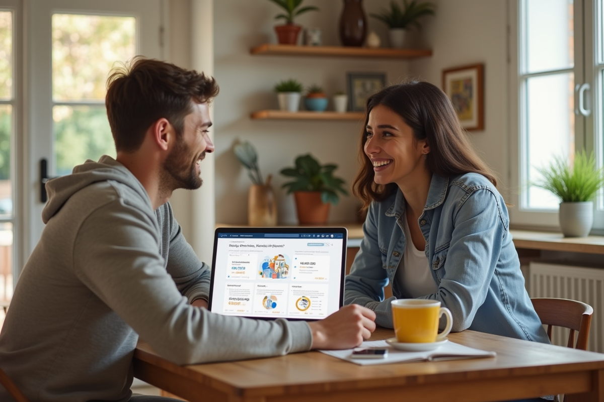 Jeune couple souriant discutant de revenus locatifs à la cuisine