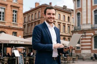 Jeune ingénieur logiciel à Toulouse avec ordinateur