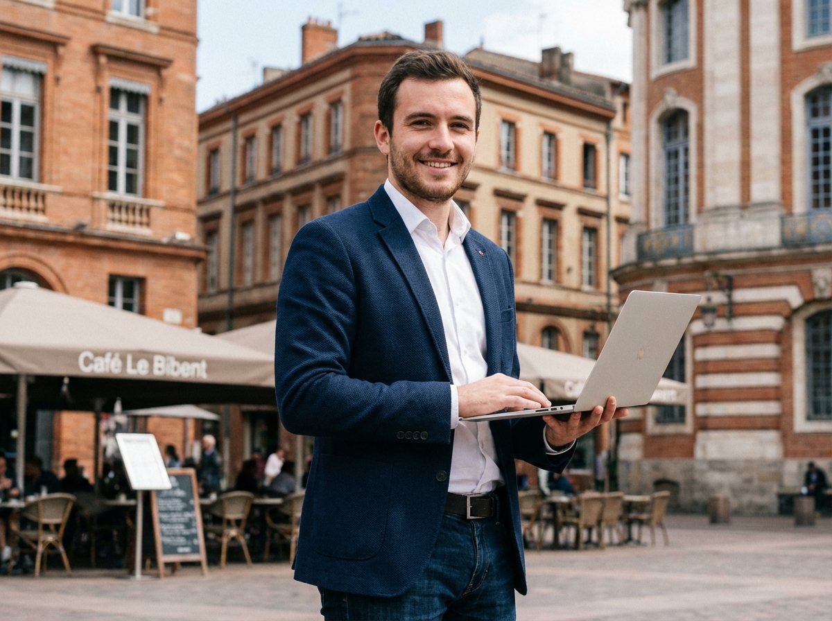 Jeune ingénieur logiciel à Toulouse avec ordinateur