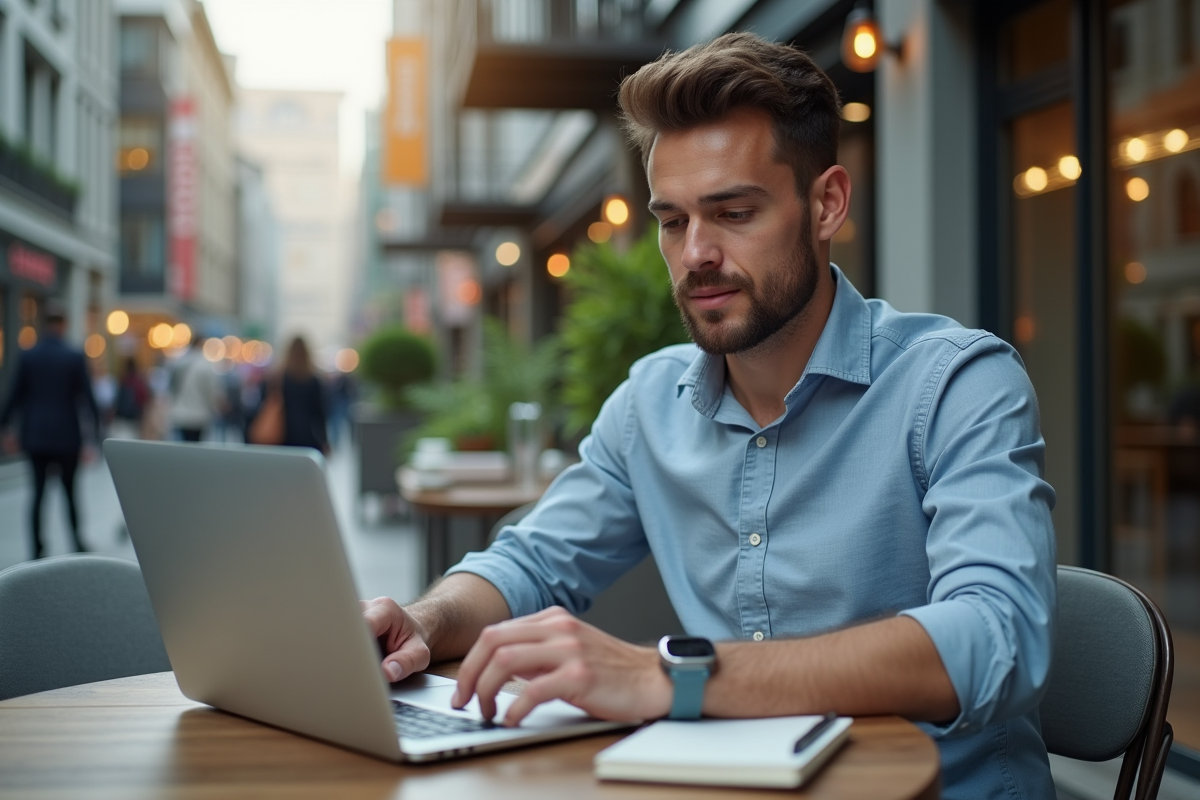 Jeune entrepreneur travaillant en extérieur avec son ordinateur portable