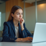 Jeune femme en blazer assise au bureau avec laptop