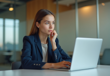 Jeune femme en blazer assise au bureau avec laptop