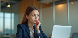 Accès aux données Chatgpt : Qui peut les consulter ? Jeune femme en blazer assise au bureau avec laptop