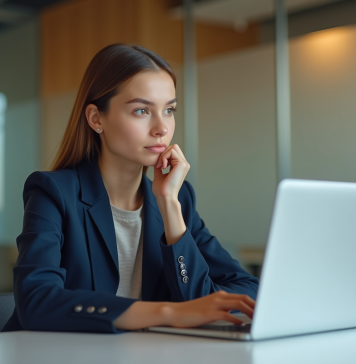 Jeune femme en blazer assise au bureau avec laptop