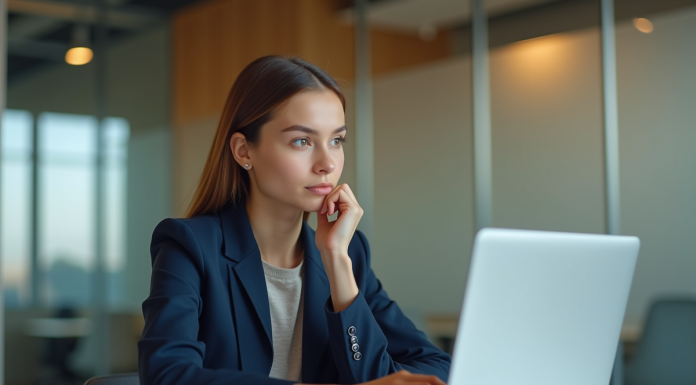 Jeune femme en blazer assise au bureau avec laptop