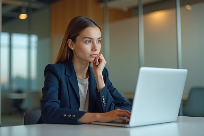 jeune-femme-bureau-professionnelle Jeune femme en blazer assise au bureau avec laptop