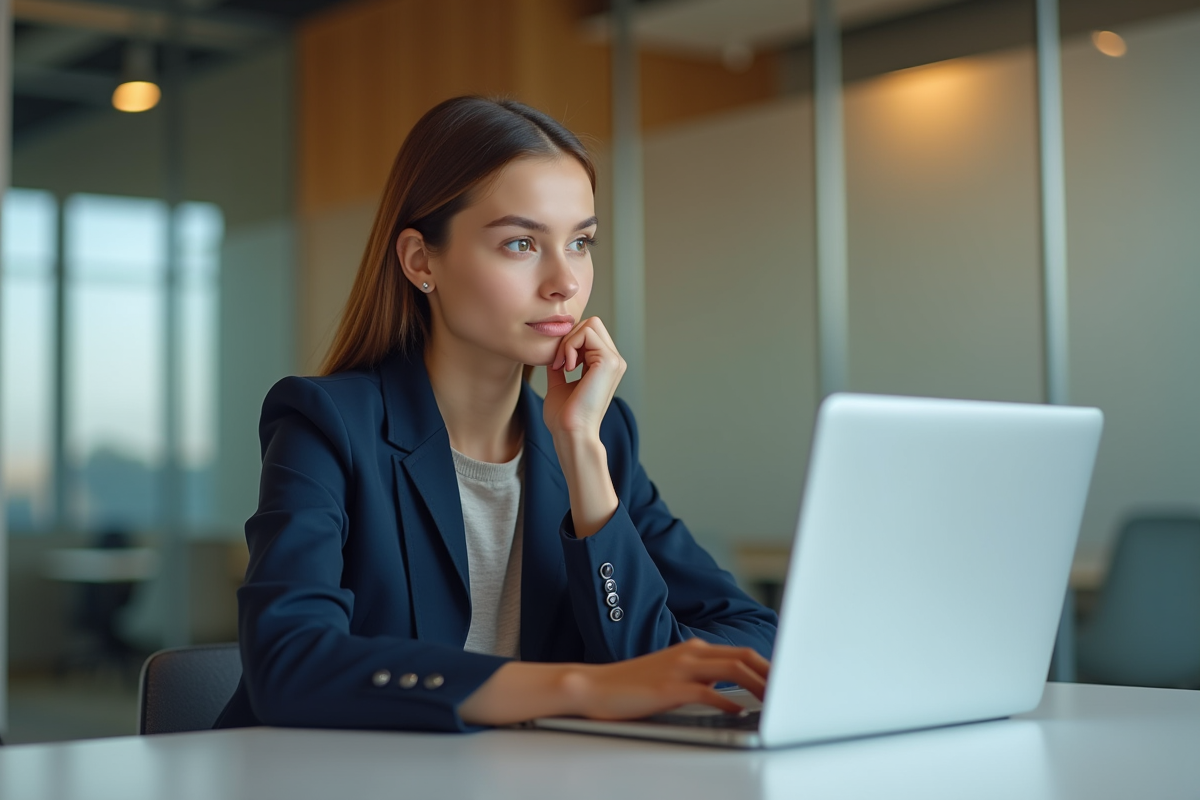Jeune femme en blazer assise au bureau avec laptop