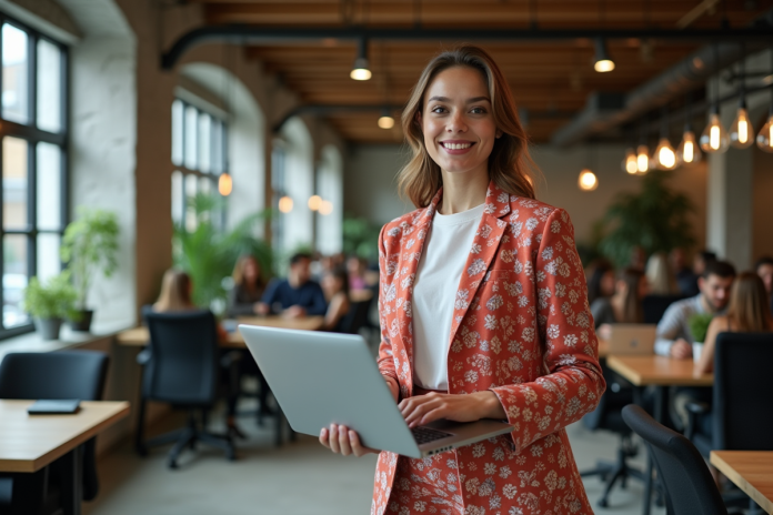 Jeune femme en blazer coloré dans un espace de coworking