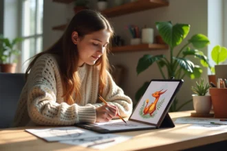Jeune femme en sweater dessinant un Dracaufeu sur tablette
