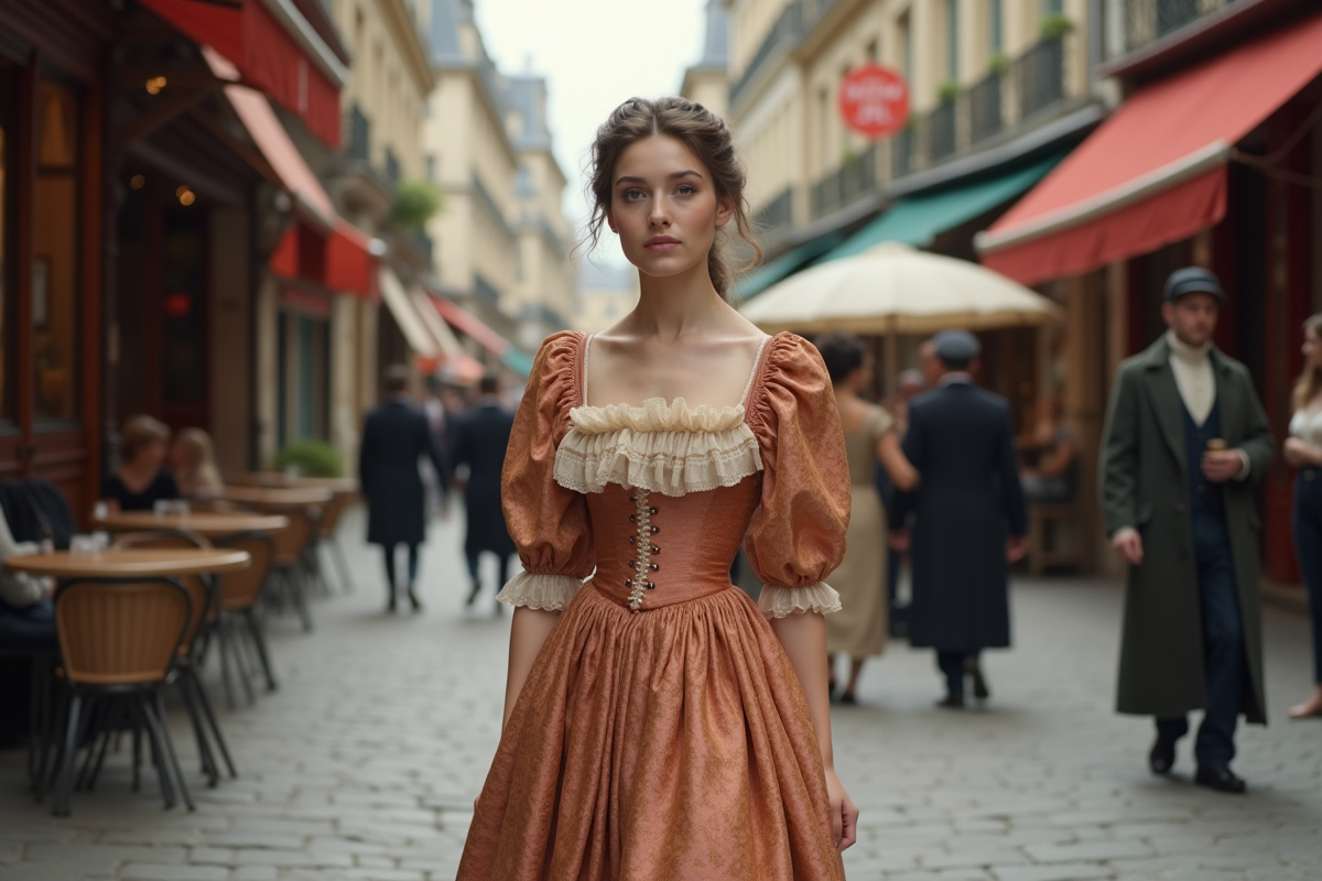 Jeune femme en haute couture marchant dans une rue parisienne historique
