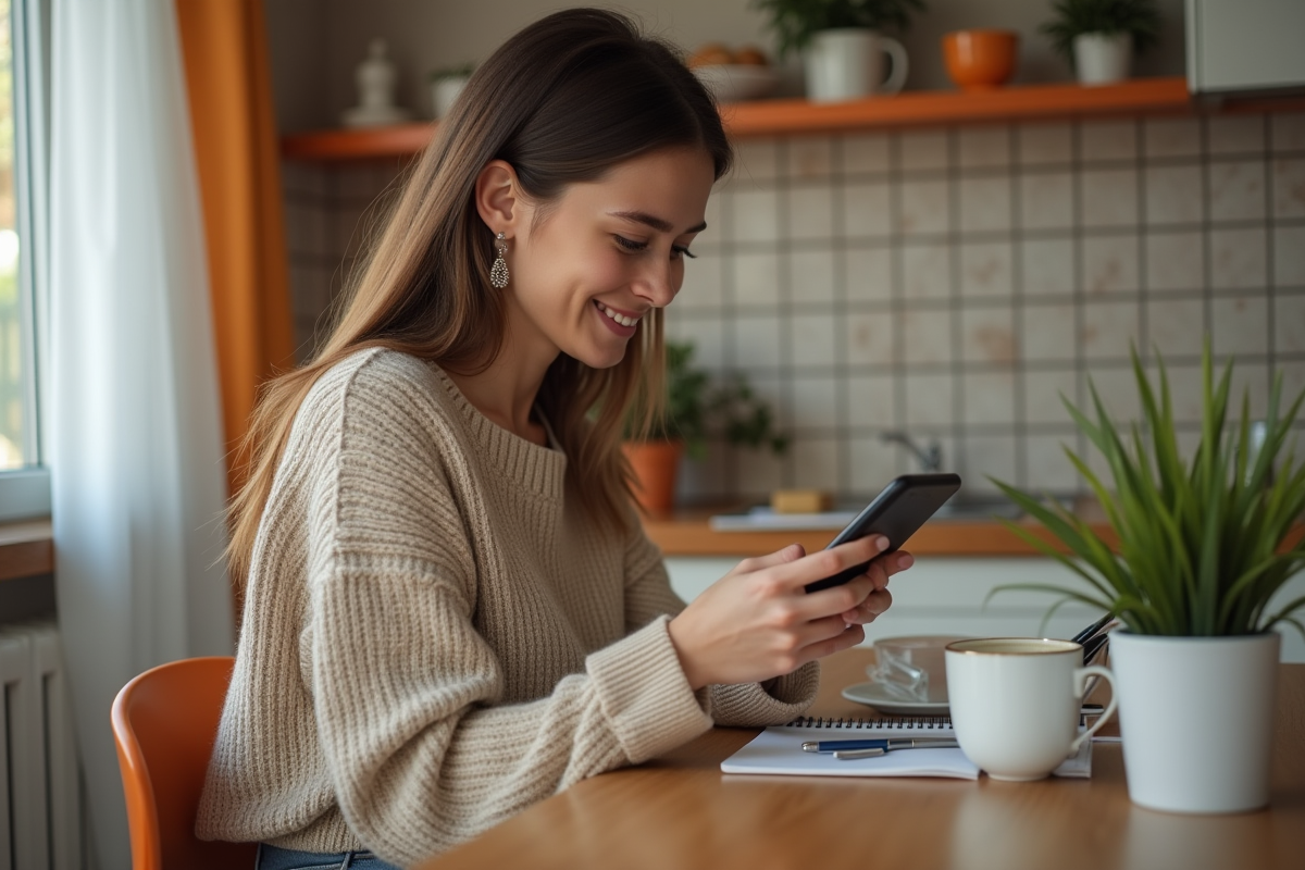 Jeune femme regardant son smartphone dans une cuisine quotidienne