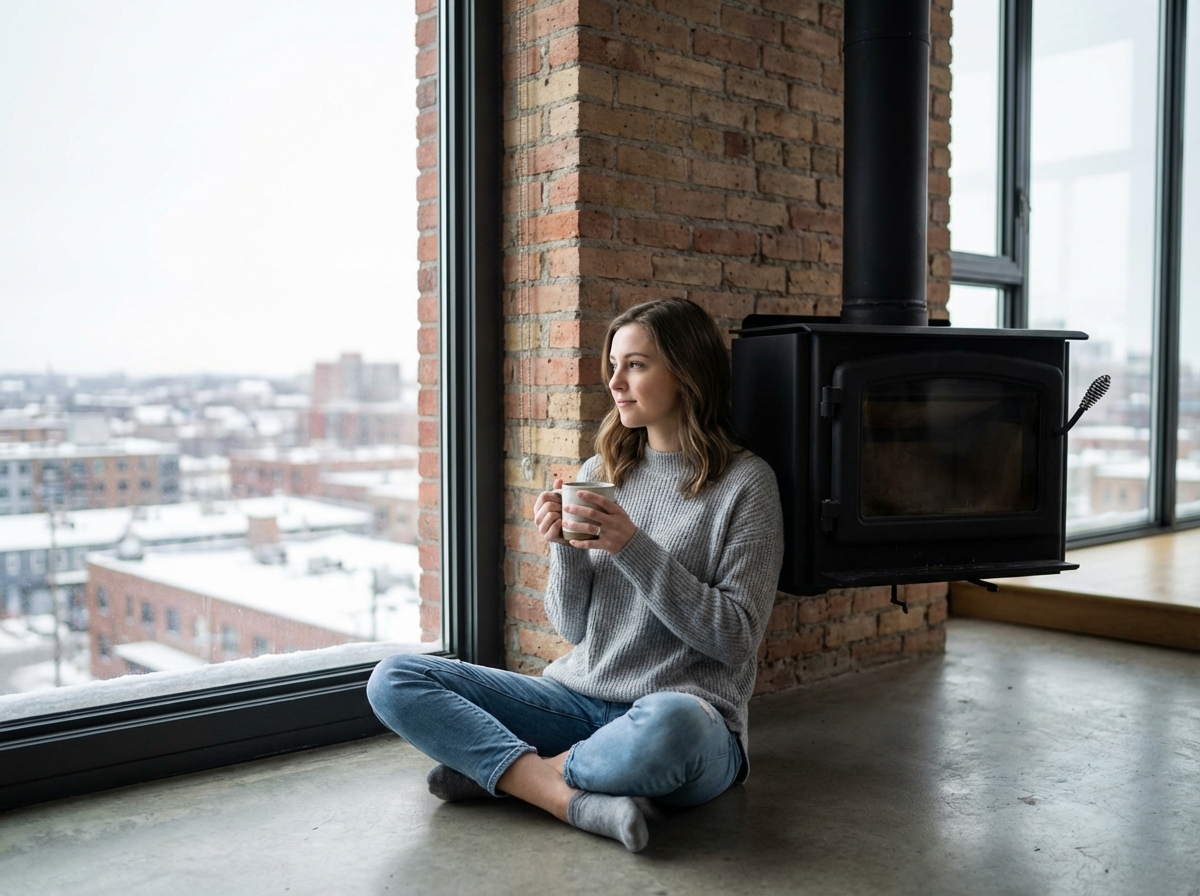 Jeune femme assise près du poêle dans un loft moderne