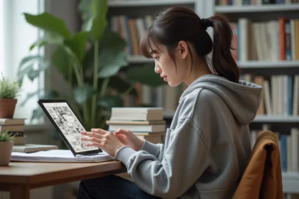 Jeune femme regardant un manga dans un appartement cosy