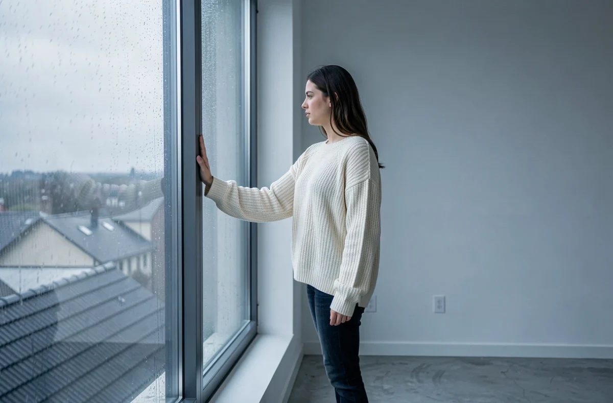Jeune femme mélancolique appuyée contre une fenêtre sous la pluie dans un appartement épuré, symbolisant la tristesse et l'isolement