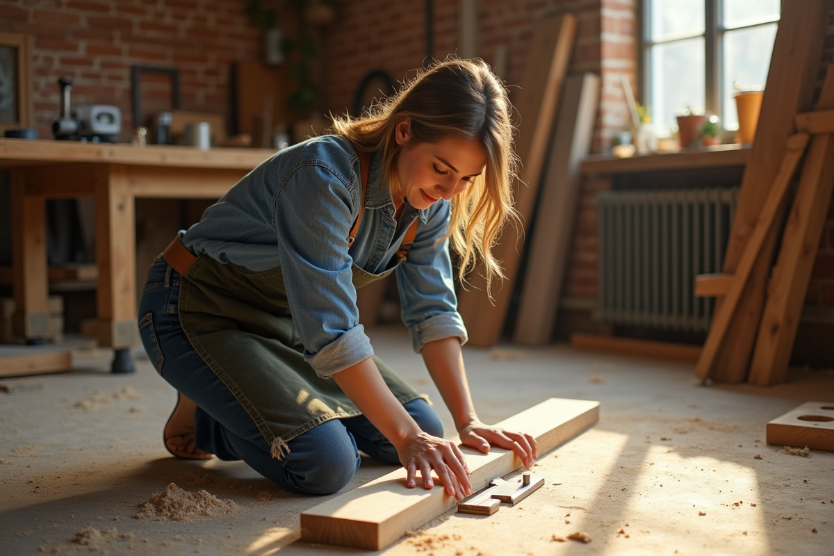 Jeune femme mesurant une planche en bois dans son atelier lumineux
