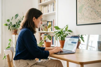 Jeune femme concentrée travaillant sur un laptop dans un appartement parisien