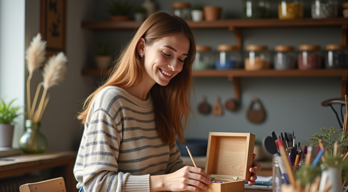 Atelier manuel pour débutants : les premières étapes pour réussir Jeune femme peint une boîte à bijoux dans un atelier lumineux