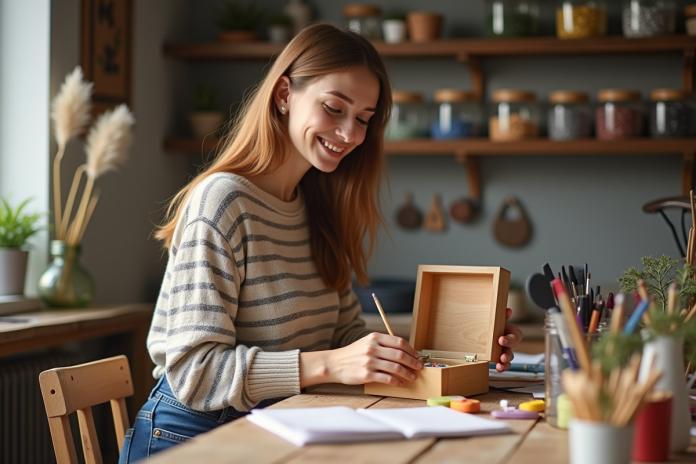 jeune-femme-peinture-boite-bijoux Jeune femme peint une boîte à bijoux dans un atelier lumineux
