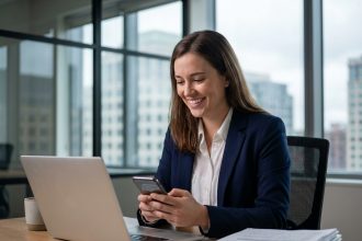 Jeune femme professionnelle souriante utilisant son smartphone au bureau