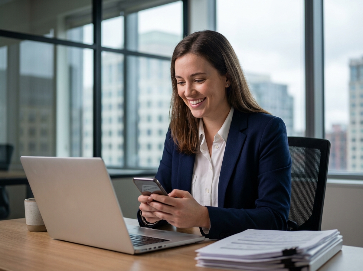 Jeune femme professionnelle souriante utilisant son smartphone au bureau